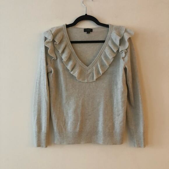 J. Crew Light Grey Ruffle V-Neck Cashmere Sweater - Picture 3 of 7